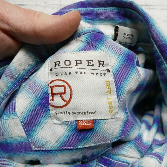 Roper Shirt Mens 2XL Blue Plaid Button Front Western Long Sleeve Cowboy Casual - Picture 4 of 9